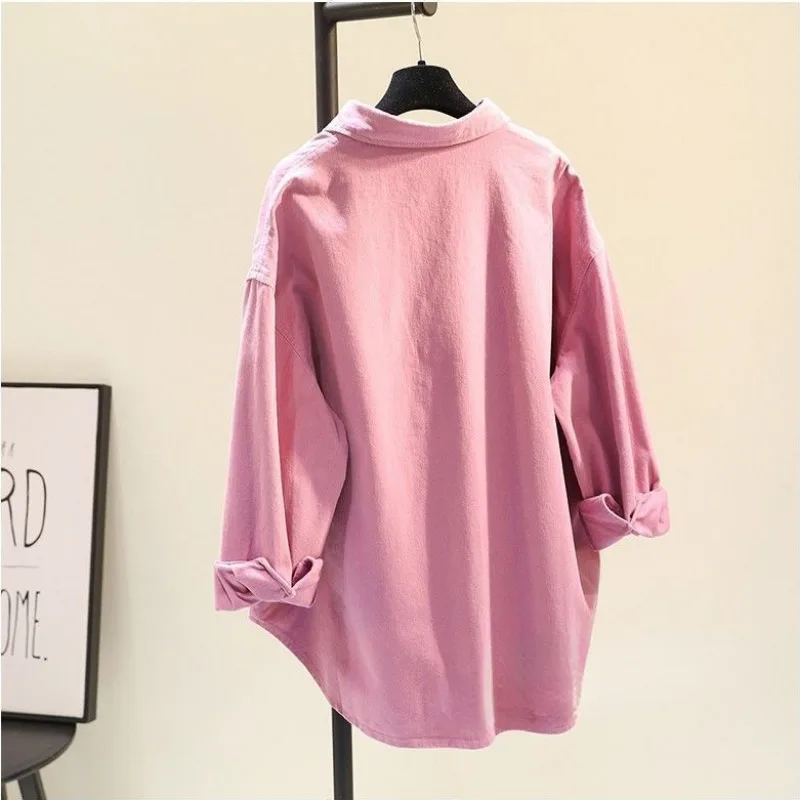 DAYIFUN Solid Loose Shirt Female Autumn Korean Long Sleeve Simple Pockets Blouses Lapel Collar Girl Style Bright Color Wear Top