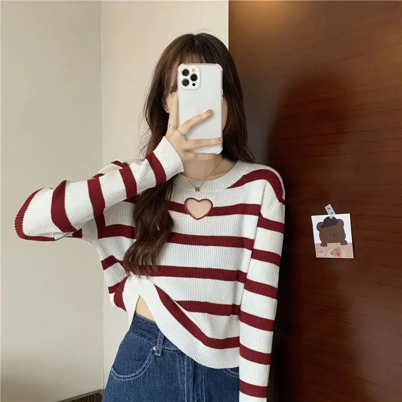 Hollow Out Love Pullovers 2024 Women Clothes Long Sleeve Tunic Jumper Casual Striped Fashion Pull Femme Knitted Y2k Sweater Tops