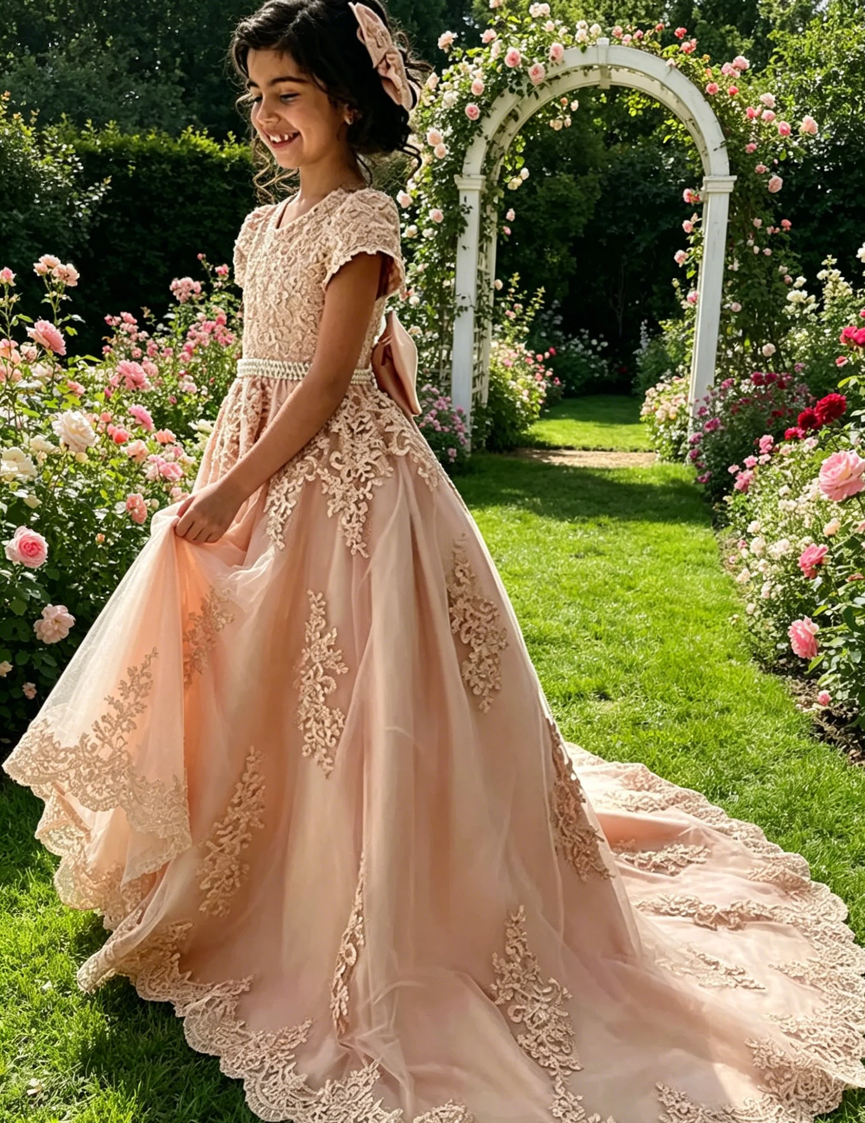 

Flower Girl Dress For Wedding with Bow Beaded Appliques Floor Lenght Kids Birthday Gowns Luxury Princess Dress Custom
