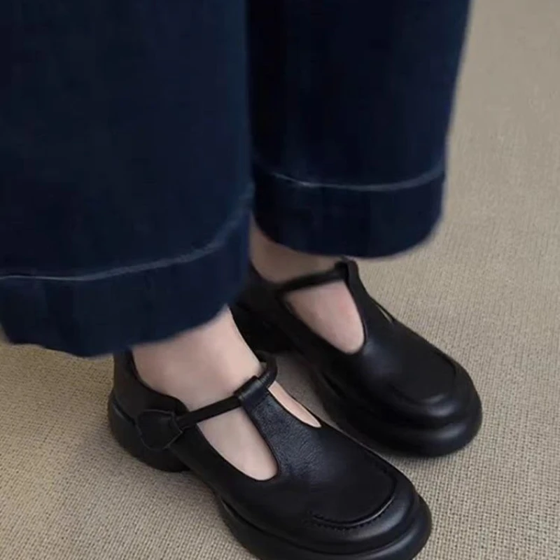 Women's Vintage Minimalist Round Toe Block Heel Mary Janes Black Faux Leather Casual Office Pumps Shoes