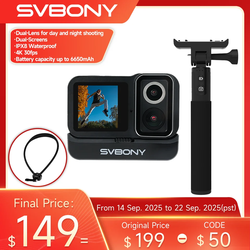 

Svbony SVGo Dual Lens Action Camera IPX8 Waterproof 4K30fps HD Lens & Nighttime Lens Shooting for Cycling Grip Charging Diving