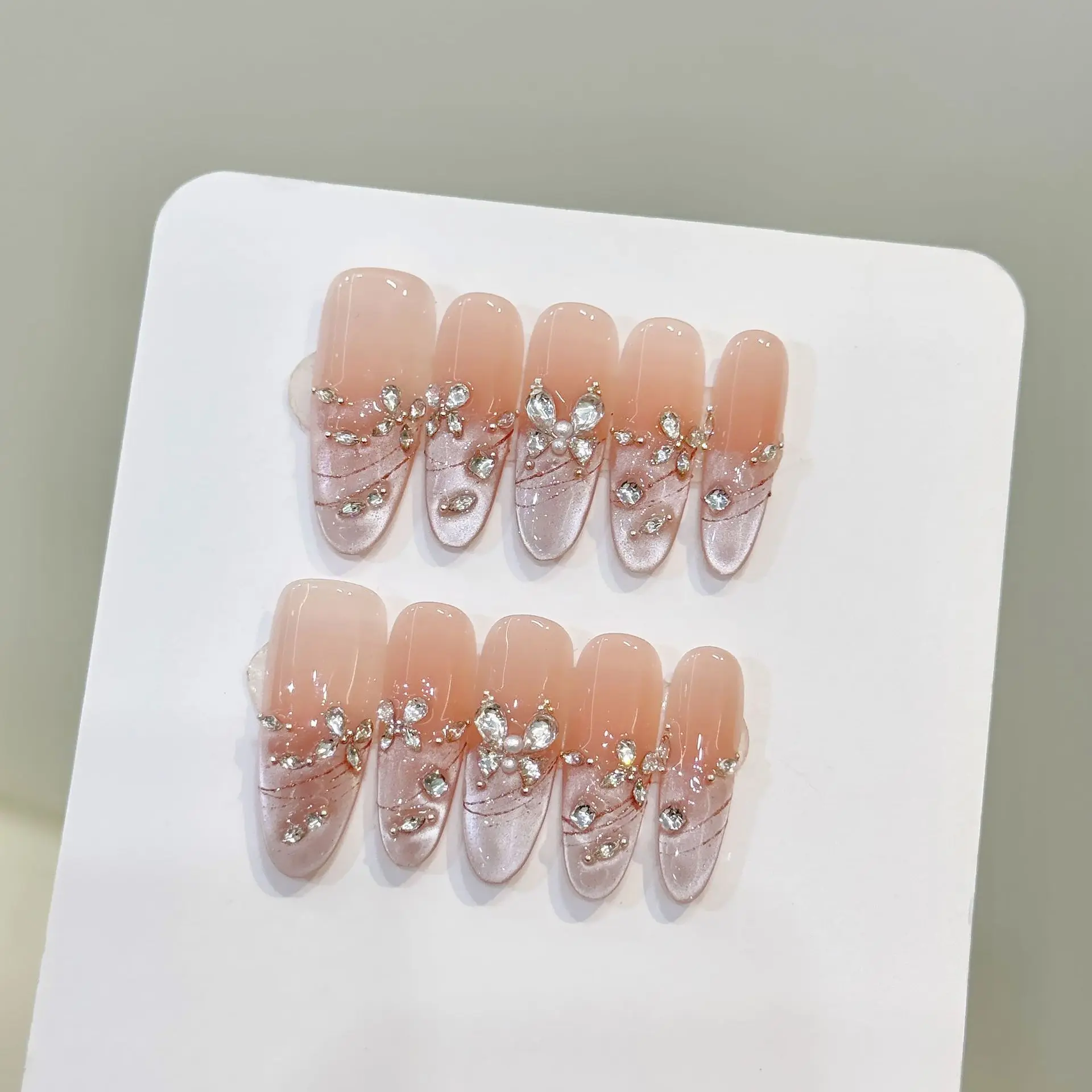 10pcs Pure Hand Pressed Long Oval Nail Art,Nice Fake Nails,Starry Butterfly Dance, Pink Cat's Eye With Diamond,Idea For Women