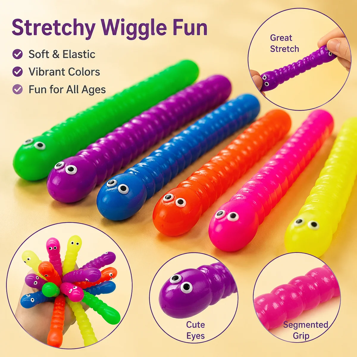 12 Pcs Stretchy Caterpillar Toys, 6 Bright Colors, Bendable Wiggly Fidget Toys for Kids Party Favors and Gift Bags