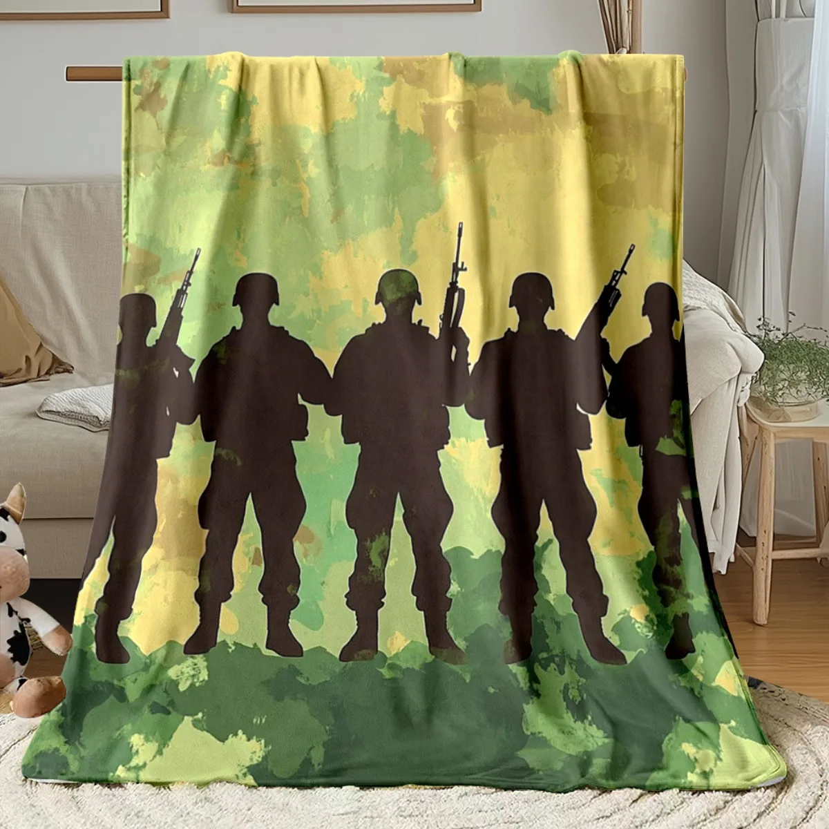 1pc Military Soldier Silhouette Camouflage Flannel Blanket Army Theme Decor For Men's Bedroom Tactical Style Soft Throw