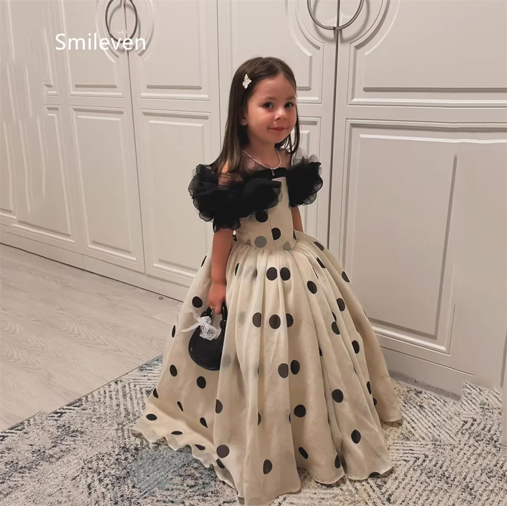 Smileven Cream Polka Dot Ball Gown Girl Flower Dresses Off Shoulder Tulle Sleeve Birthday Dresses Lace Up Back Gowns Customized