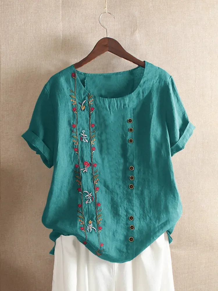 

Cotton Linen Embroidery Women Shirts Summer New Elegant Vintage Floral Short Sleeve Casual Work Wear Tops Blouses 5XL