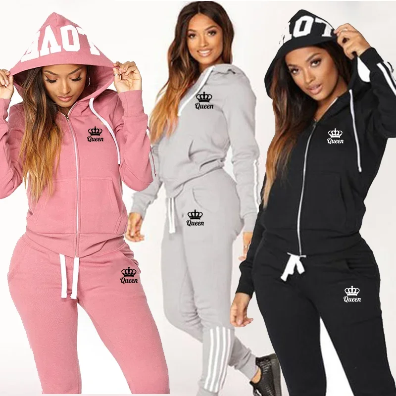 Queen Printed Ladies 2 Pcs Set Zipper Hoodies and Sweatpants Autumn Fashion Casual Jogger Suit Women Sportswear Female Tracksuit