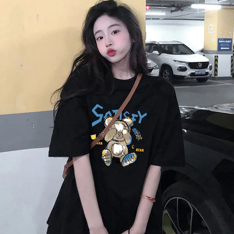 2024 Korean Hot Summer Trend Women's Cotton Short Sleeve T-shirt Letters Graffiti Printed T-shirt Lovers Casual Cute Style