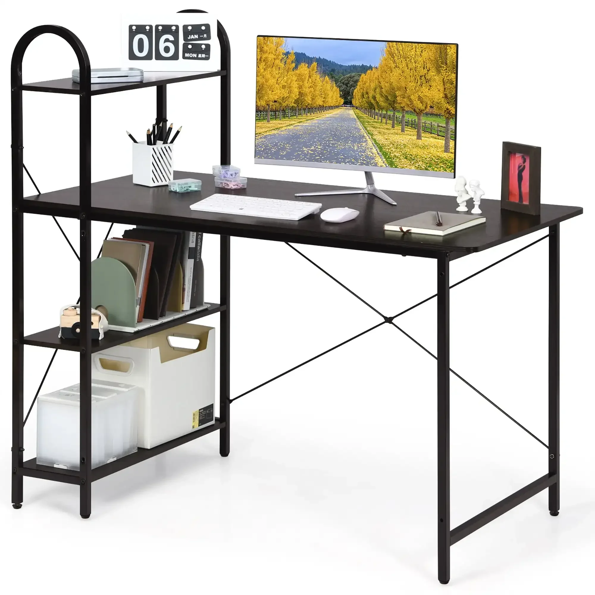 48'' Reversible Computer Desk Writing Table Workstation w/ Storage Shelf Brown