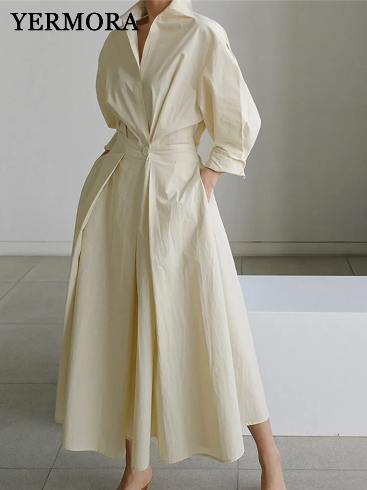 

YERMORA Beige Pleated Button Elegant Shirt Dress For Women Long Sleeve Loose Fit Fashion Tide Spring Autumn 2025 New A254