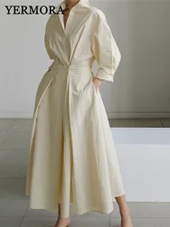 YERMORA Beige Pleated Button Elegant Shirt Dress For Women Long Sleeve Loose Fit Fashion Tide Spring Autumn 2025 New A254
