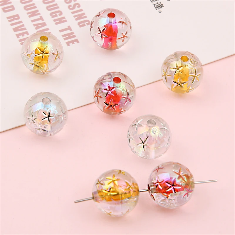 4/10pcs 16mm Shiny Acrylic Gold Star Pattern Round Beads for DIY Necklace Bracelet Earring Jewelry Making Accessories