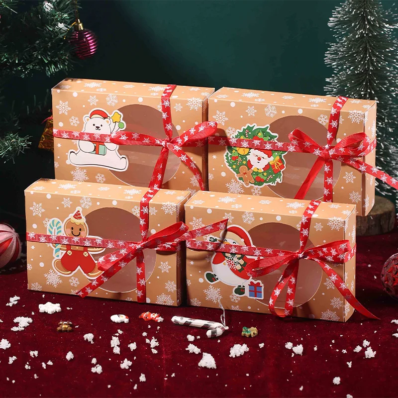 4/8Pcs Kraft Paper Christmas Cookie Candy Gift Box PVC Open Window Favor Gift Packaging Box With Santa Claus Tag Party Supplies