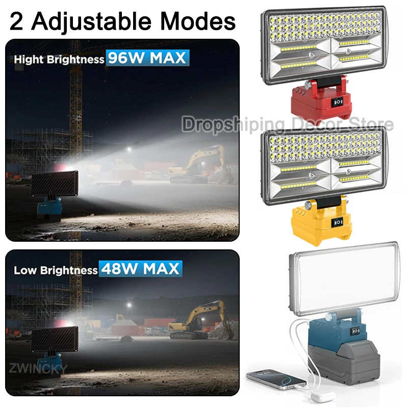 

8in Portable LED Light For Makita/Dewalt/Milwaukee, 96W LED Work Light with 2 USB Port Floodlamp Handheld lamp Adjustable Angle