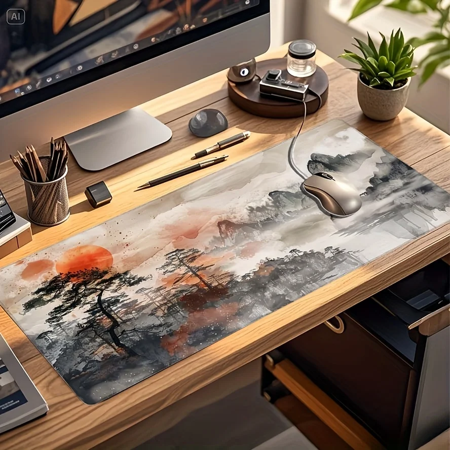 Pine Tree Sunset Landscape Extended Gaming Mouse Pad Non-Slip Rubber Desk Mat for Office and Gaming