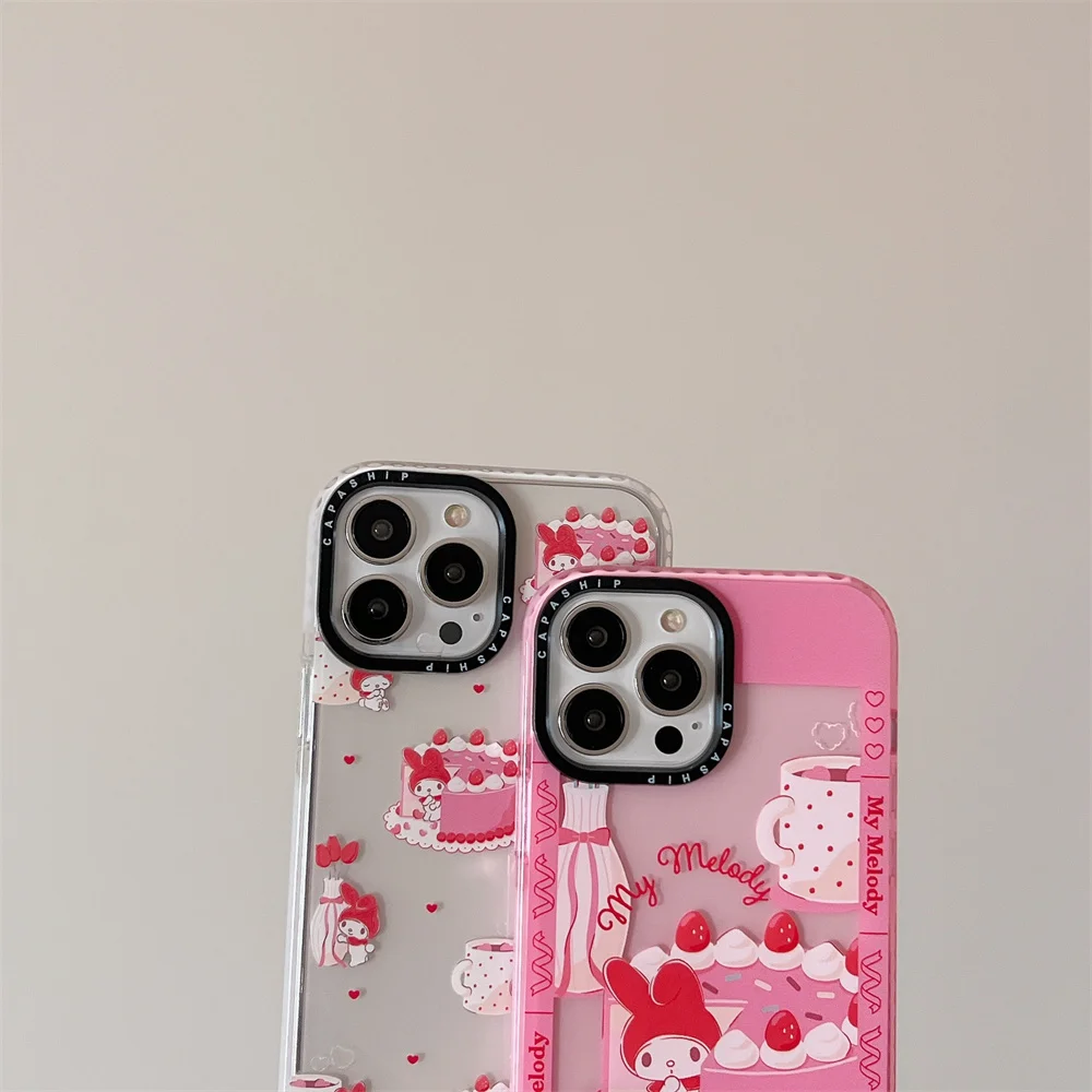 Miniso Cute Pink Melody Case for iPhone 15 16 promax 14 13 12 11 pro max Fruit strawberry Cake Clear Soft Couple Cases