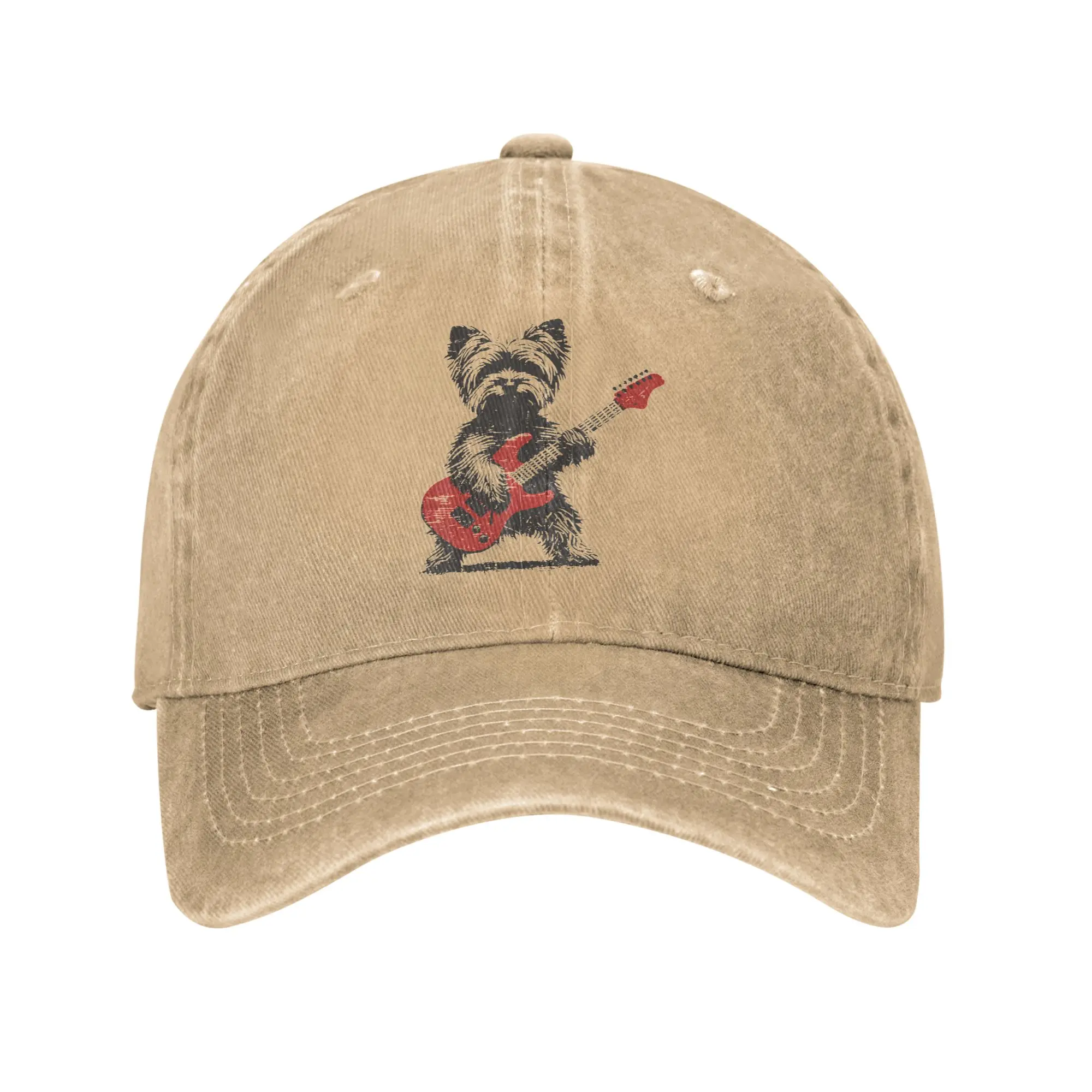 Retro Vintage Yorkie Rock Funny Dog Playing Guitar Rock Baseball Cap Unisex Distressed Washed Snapback Hat Summer Gift Hats Cap