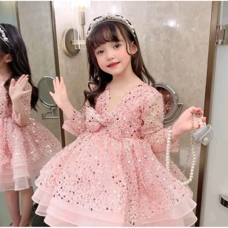 Girls' Dress AliExpress Cross-border Pink Sequin Girls' Puffy Tulle Dress Children's Long Sleeve First Birthday Dress Princess D