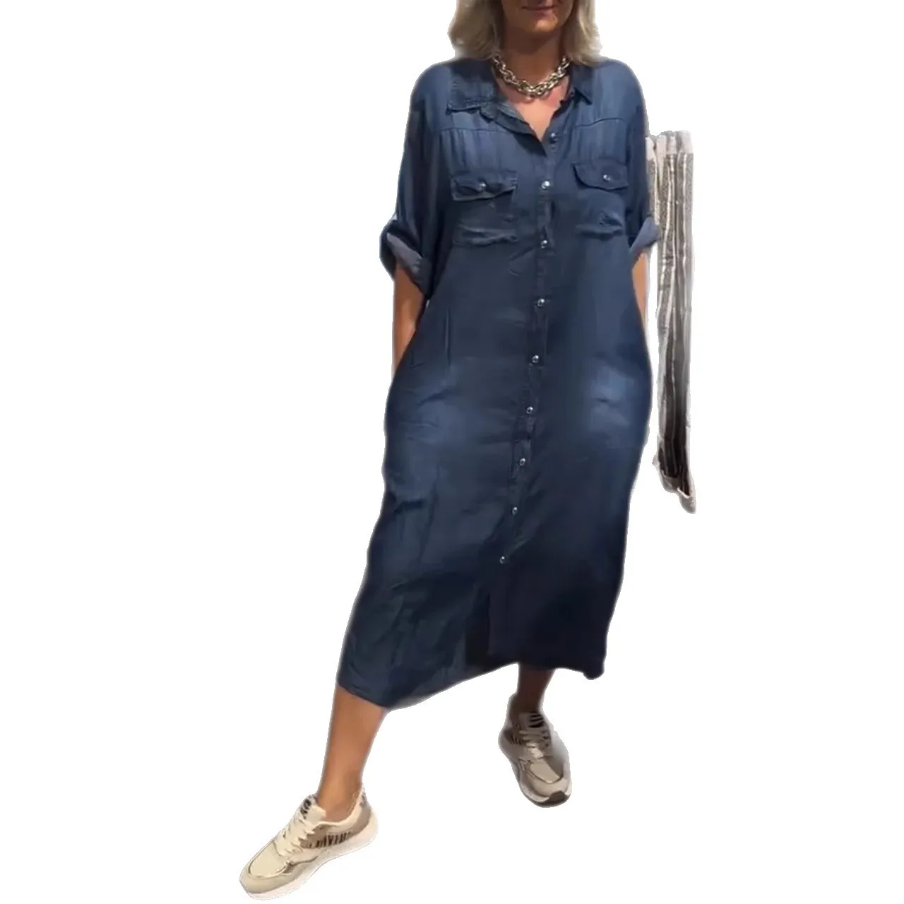 

Denim Dress Women Shirt Dresses Maxi Gown Single Breasted Turn Down Collar Pockets A Line Summer 2025 Female Streetwear Vestidos