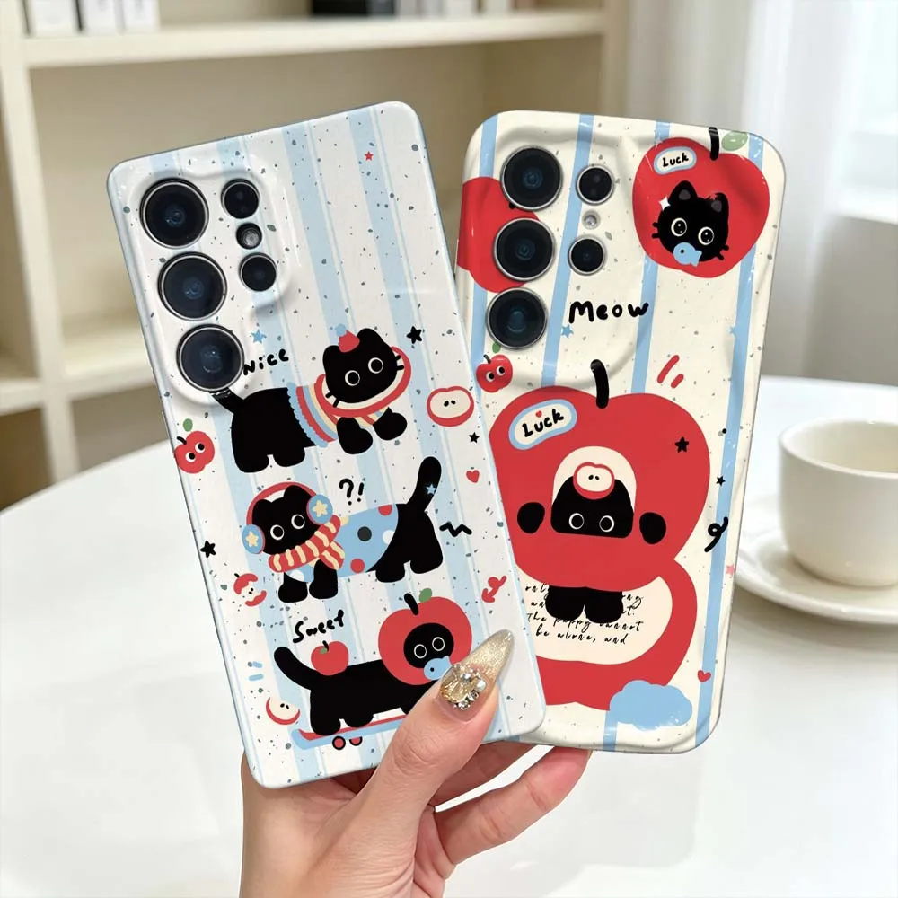 Simple Lucky Black Cat Apple Phone Case For Samsung Galaxy S26 S25 S24 S23 Ultra FE Plus Feilini Hard Case Wave Oil Soft Case