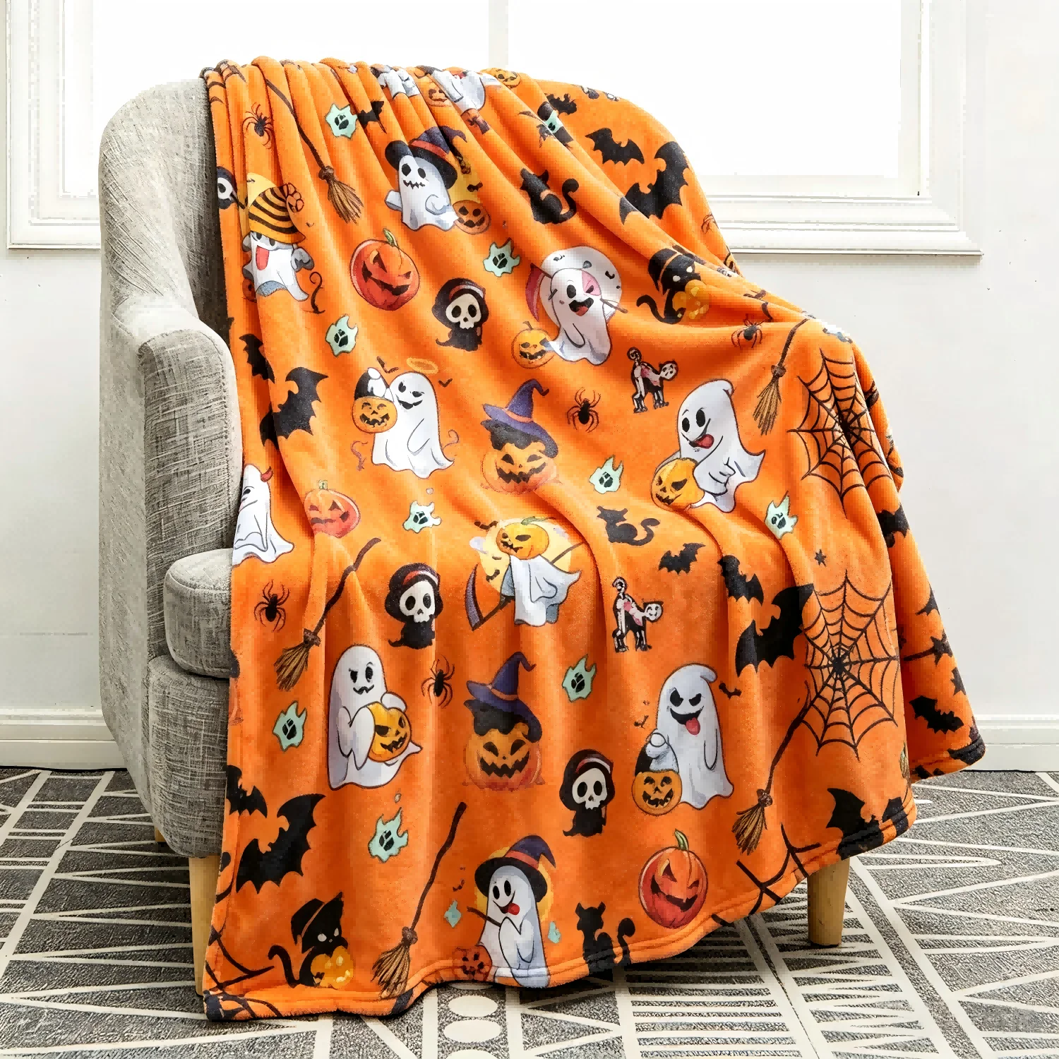1pc Ghost Cobweb Witch hat Orange Blanket Gifts Halloween X-mas Flannel Blankets Women Men Festival Decoration Four Season Use