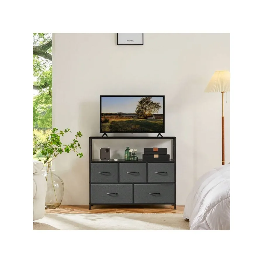 Sweetcrispy TV Stand Dresser For Bedroom With 5 Fabric Drawer, Entertainment Center For 45 Inch Television, Media Console Table