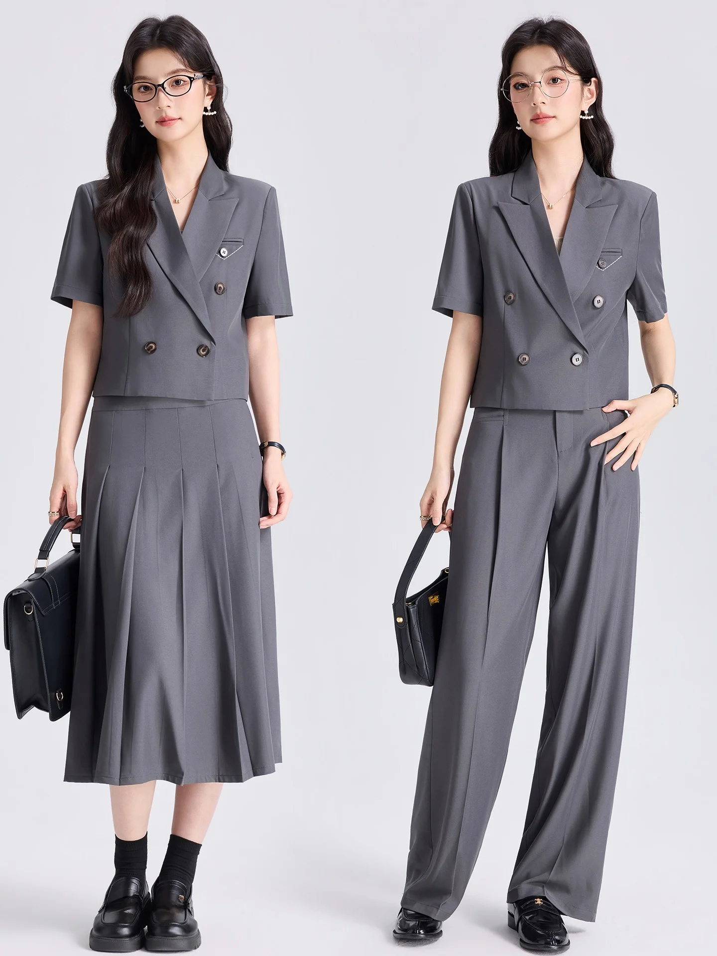 Gray Short Suit Jacket Women's 2026 New Summer Short Sleeve Professional Formal Interview Clothing Small Size Set