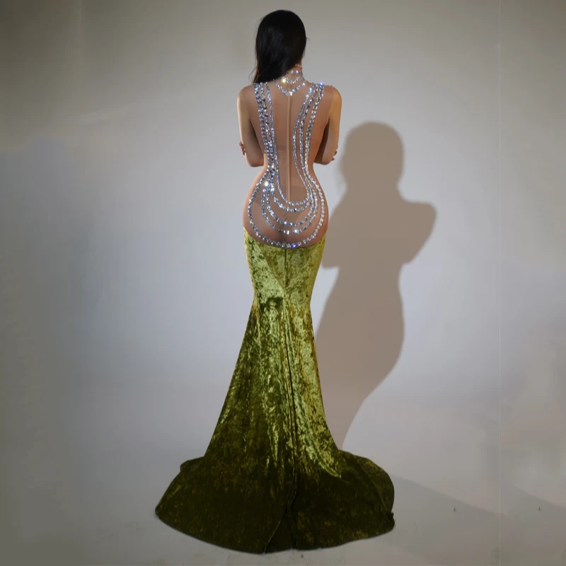Rot Grün Mesh Samt Patchwork Schleppendes Kleid Frauen Sänger Strass Gogo Kostüm Bühne Laufsteg Outfit Festival Tragen XS8712