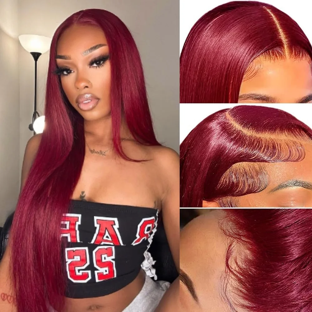 Wig depan renda Burgundy rambut manusia dengan kepadatan 180% Wig rambut manusia Merah 13 × 4 Wig rambut manusia lurus Burgundy telah ditanami