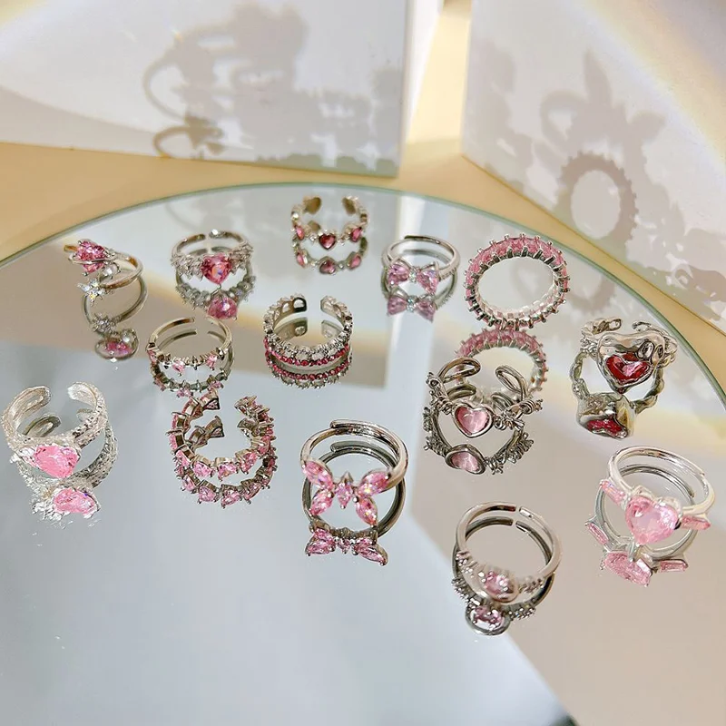 Pink Crystal Heart Bowknot Rings For Women Girls Y2k Kpop Sweet Cool Open Finger Rings Party Fashion Jewelry Gifts 2024 New