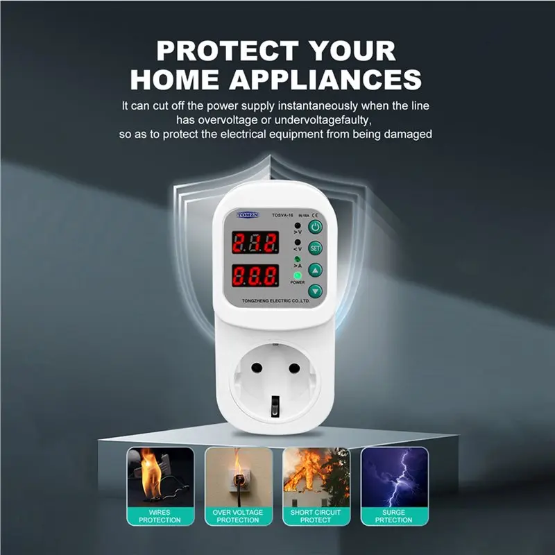 2X TOMZN TOSVA-16 Reclosable Voltage Current Protector Socket AC 110V 220V Adjustable EU Plug Socket