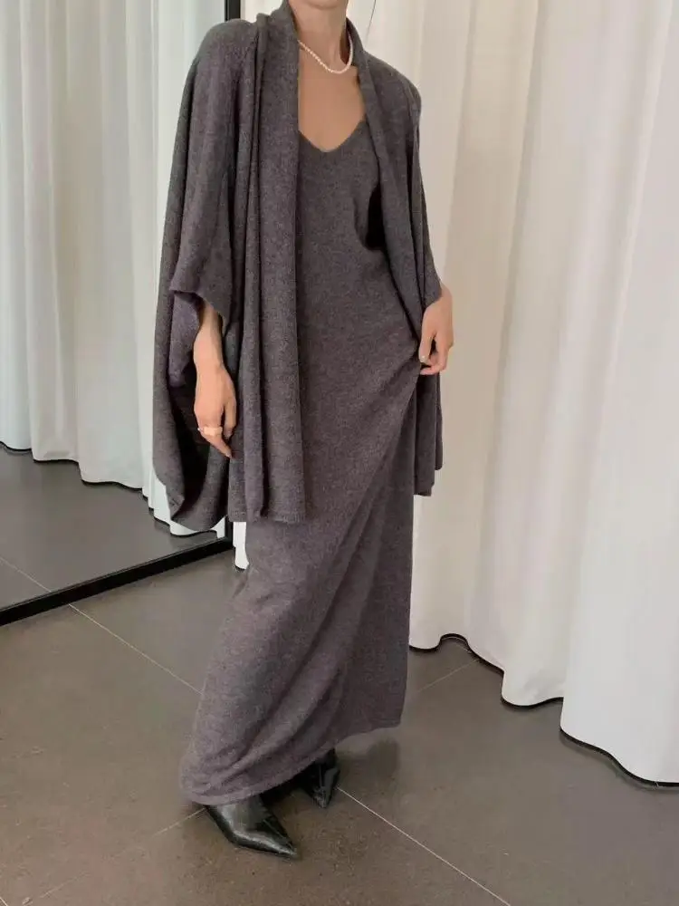 

Осень-зима женский однотонный вязаный кардиган с длинными рукавами, короткий свитер, топы и трикотажное платье без рукавов, корейский комплект из двух предметов