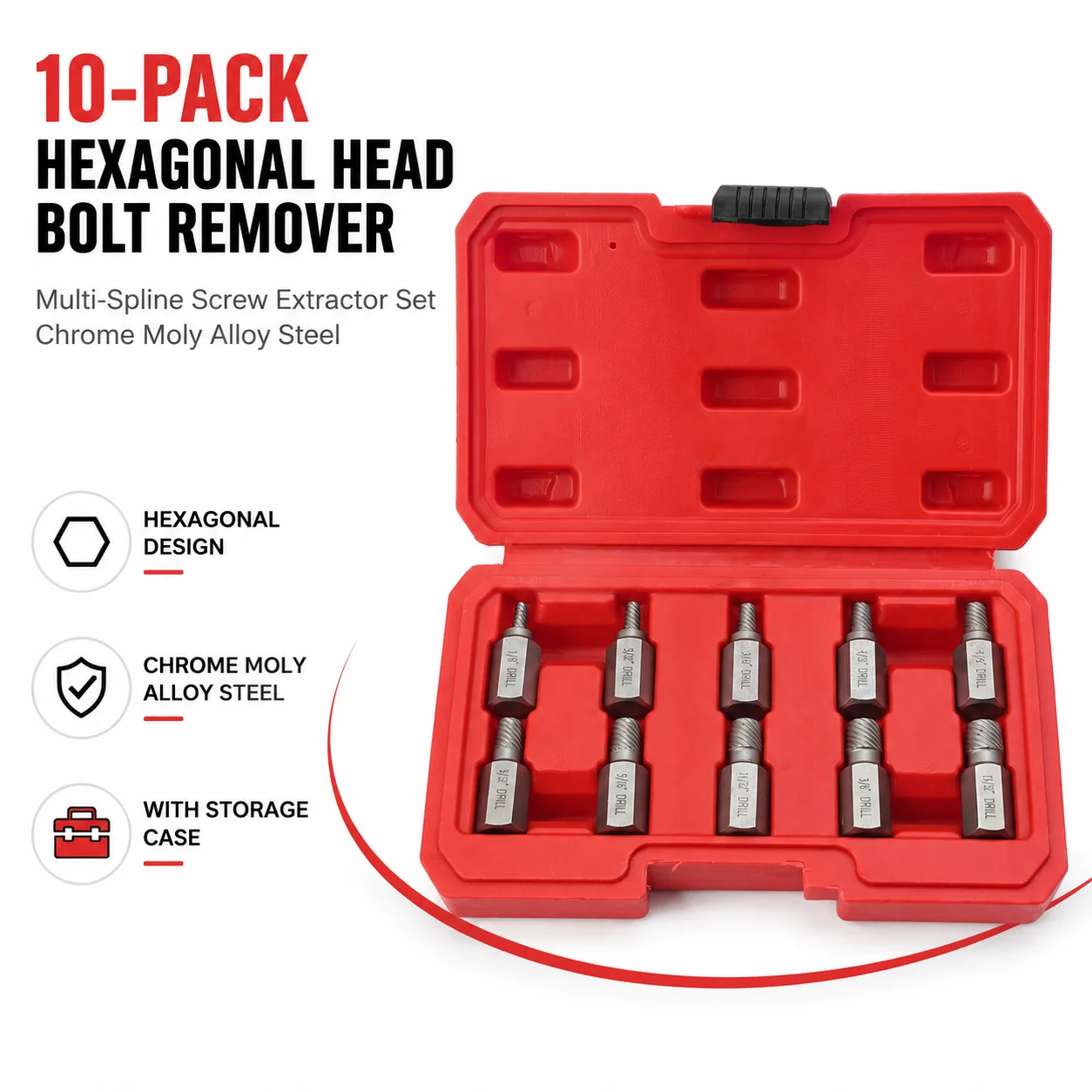 

With Storage Case 10-Pack Hexagonal Head Bolt Remover, Multi-Spline Screw Extractor Set Chrome Moly Alloy Steel