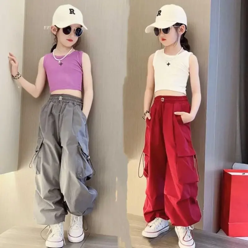 Teenager Girls\' Cargo Pants Children\'s Trousers Wide-legPockets Pants Spring & Autumn Fashionable Pockets 5 8 10 12 14 Years Old