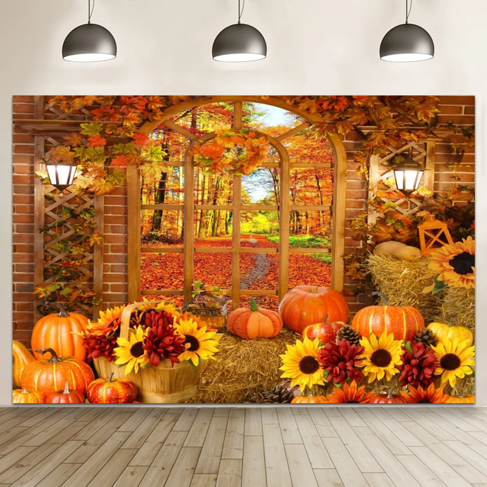 Autumn Scenery Pumpkin Scarecrow Background Halloween Thanksgiving Leaves Truck Baby Portrait Photo Background Photo Booth Props