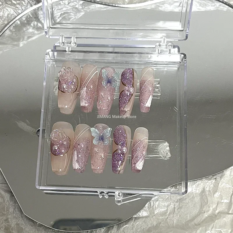 Handmade Flower Butterfly Press On Nails Y2K Short Fake Nail With Glue  Reusable Ballet Long Coffin False Nails Tips Art Gift