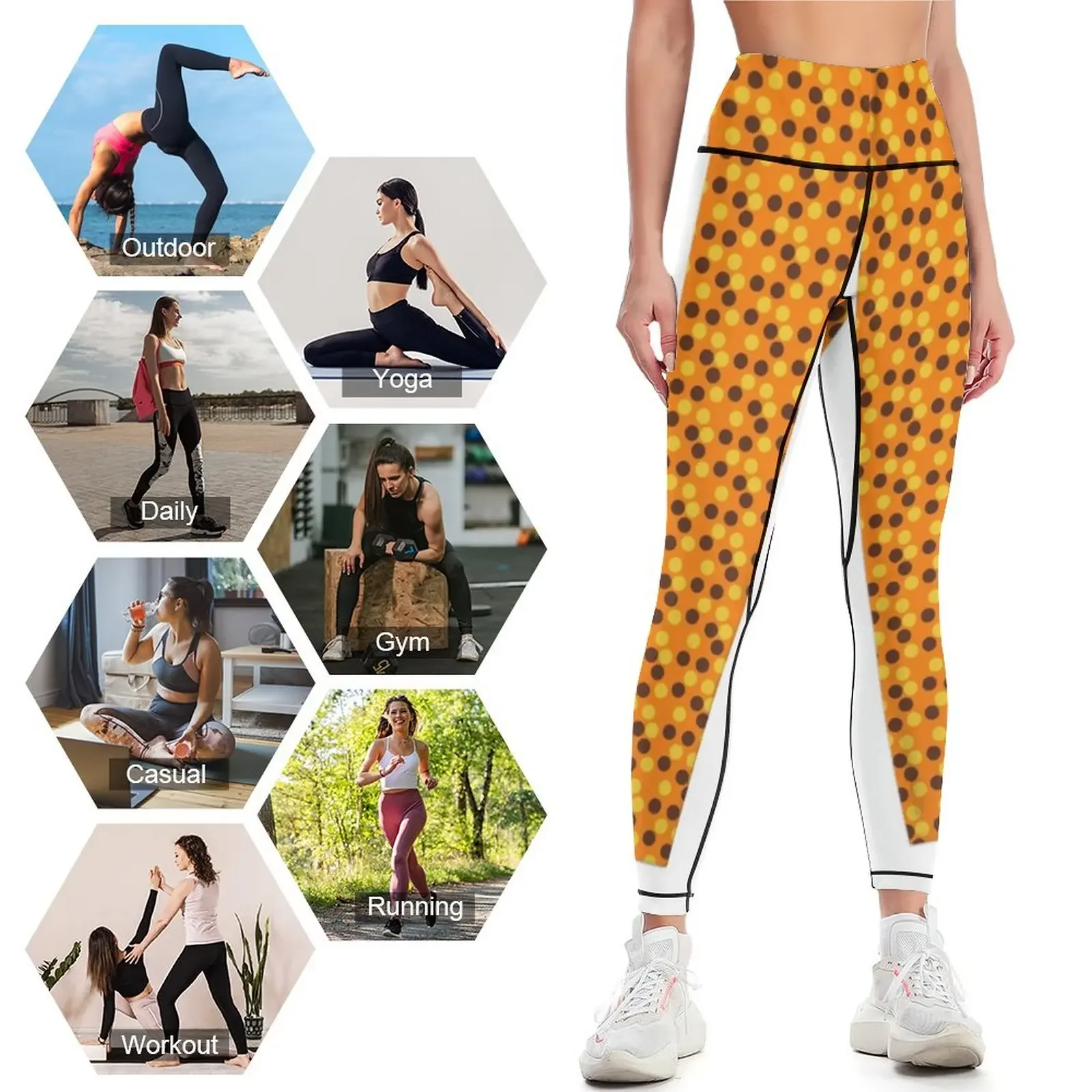 Brown, yellow Polka Dots on Orange Background Leggings harem pants Women's sportswear gym womans trousers Womens Leggings 4