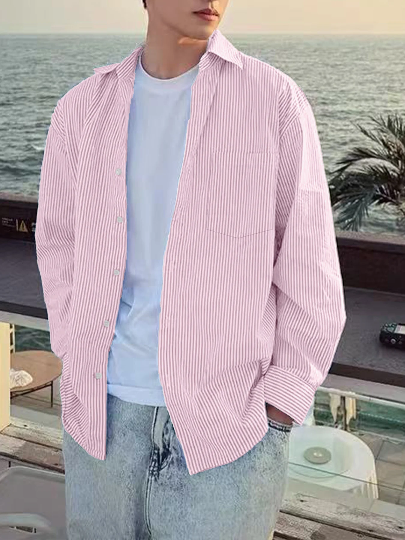 

Минималистичная мужская рубашка в тонкую полоску в корейском стиле, простая и повседневная универсальная рубашка, свободный стиль, пригородная рубашка с длинными рукавами