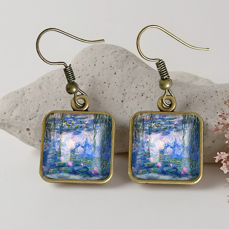 2025 New Monet Water Lily Square Earring Retro Glass Dangle Earrings Handmade Jewelry Gift