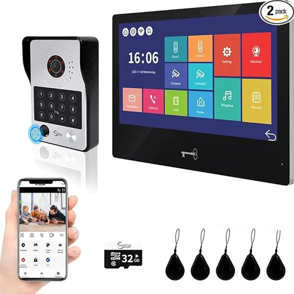 ANJIELO-Système d'interphone vidéo intelligent Tuya 5 en 1, déverrouillage par empreinte digitale, Wi-Fi, caméra de porte vidéo avec détecteur de mouvement 1080P, 10 pouces