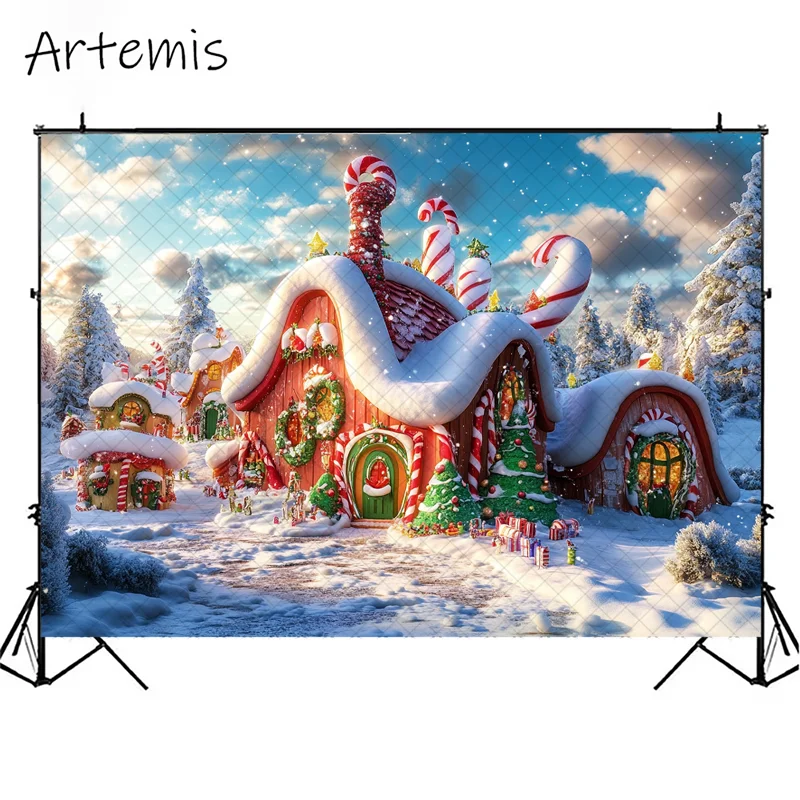 Cenário fotográfico de natal, conto de fadas, casa do mundo, árvore de natal, bastão de doces, fundo decorativo, retrato de família infantil, fotochamada