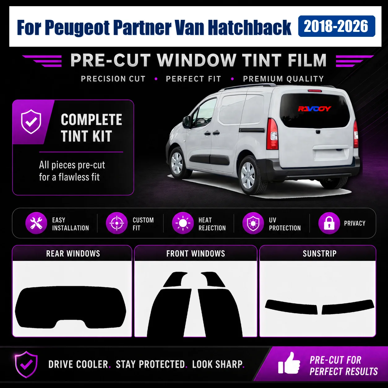 For Peugeot Partner Van Hatchback 2018-2026 Pro-Grade Front Window Rear Window Privacy Tint Film Custom Cut Kit