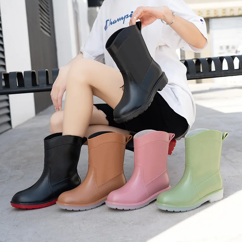 

Fashionable Mid-Calf Rain Boots Women's Slip-Resistant Kitchen Rubber Boots Thick Bottom Waterproof Car Wash Shoes for Rainy ...