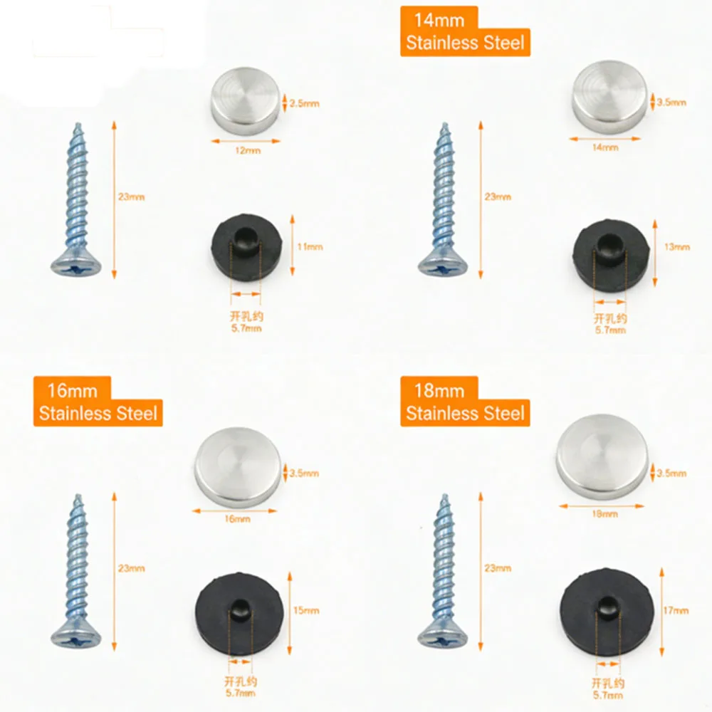 4Sets Silver Mirror Fasteners, Decorative Caps, Stainless Steel Flat Decorative Screw Covers, Sizes 12/16/18/20/25/30mm
