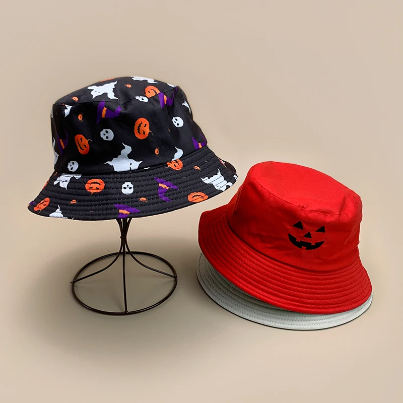 

Graffiti Halloween Ghost Pumpkin Bucket Hats New Unisex Sunshade Double Sided Wearable Versatile Street Fashion Fisherman Caps