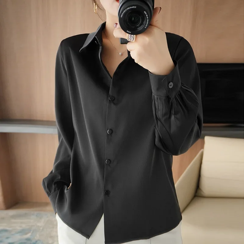 2025 Summer Women's Satin Blouse Long Sleeve Loose Thin Shirts Silk Office Lady Top Acetate Solid Color Turn-down Collar Shirt