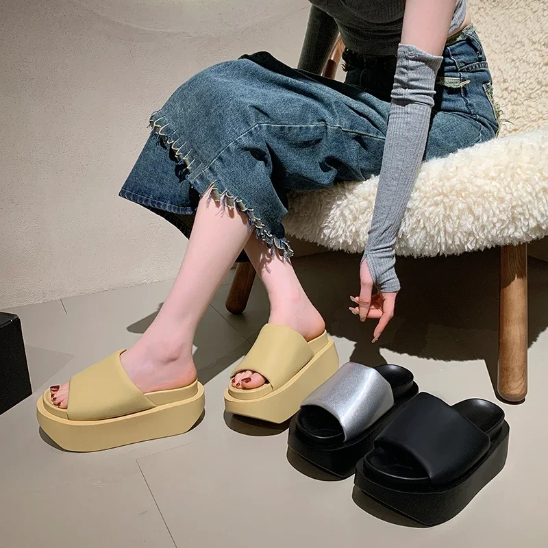 New fashion Platform Women Slippers Summer soft Square Toe Satin Sandals WomenSexy High Heels Shoes Beach Sandals Flip Flops