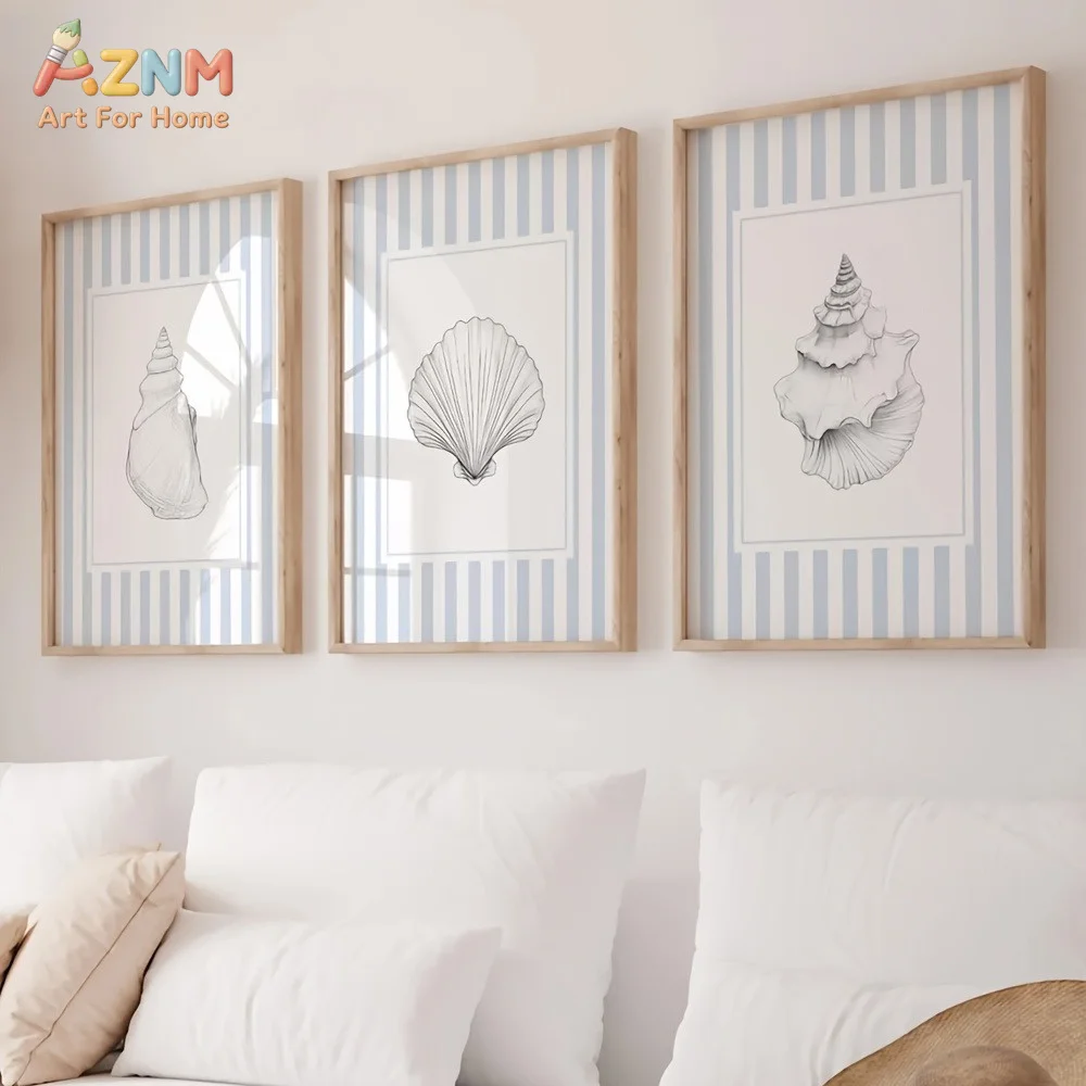 1pc/3pcs Blue Striped Sketch Seashell Canvas Poster Boho Summer Mediterranean Coastal Nautical Wall Art Print Beach House Decor