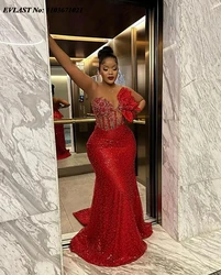 EVLAST Customized African Red Mermaid Prom Dress Sparkly Beading Sequins Lace Aso Ebi Ruffled Flower Formal Evening Gown P109