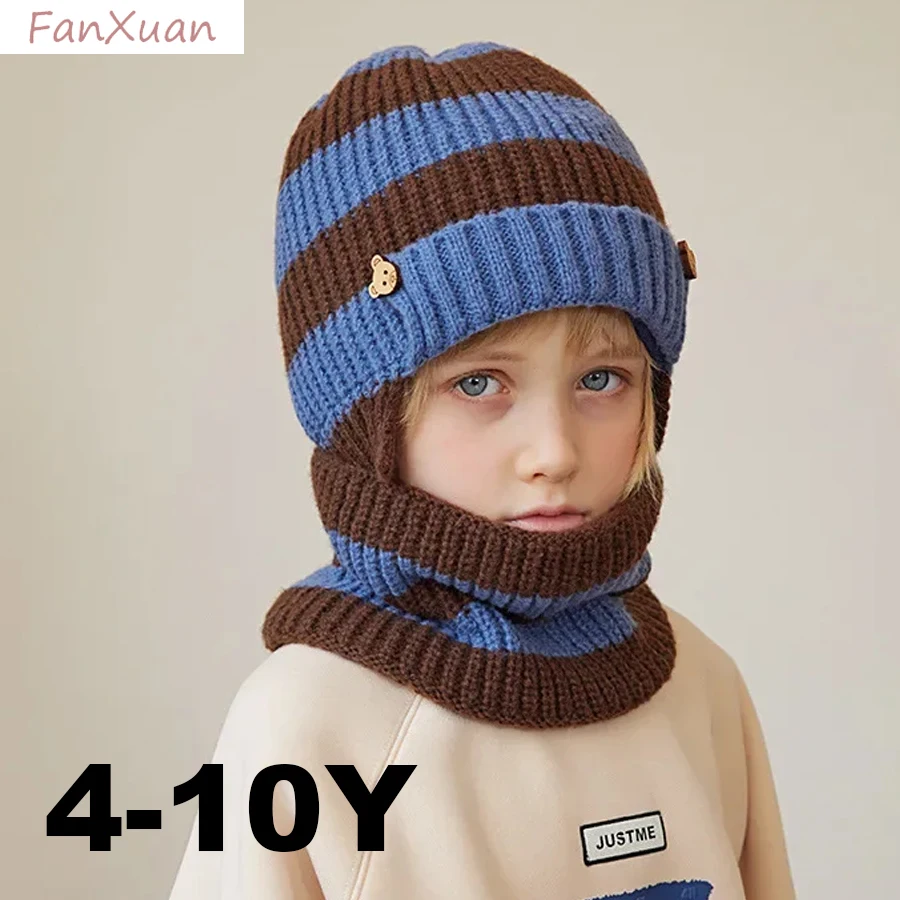 Children Set 2pcs Winter Hat Scarf Bicolor Striped Knit Boys Beanies with Ear Flaps Fleece Lined Thick Winter Hat Set Kids 4-10Y